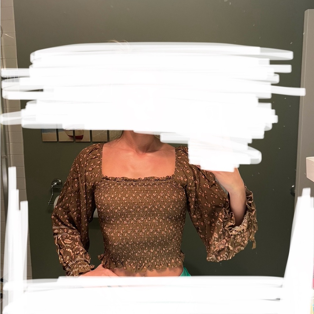 Olivaceous Brown Smocked Fitted Blouse